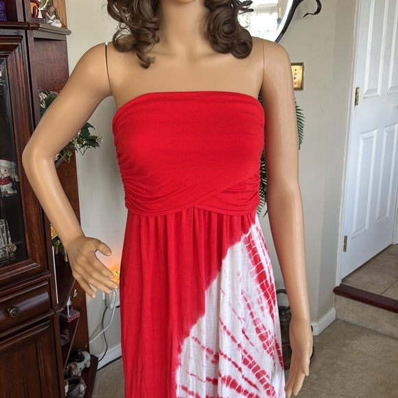 Sievergate Red & White Tie Dye Strapless Maxi Dress Rayon Stretch - Picture 3 of 16